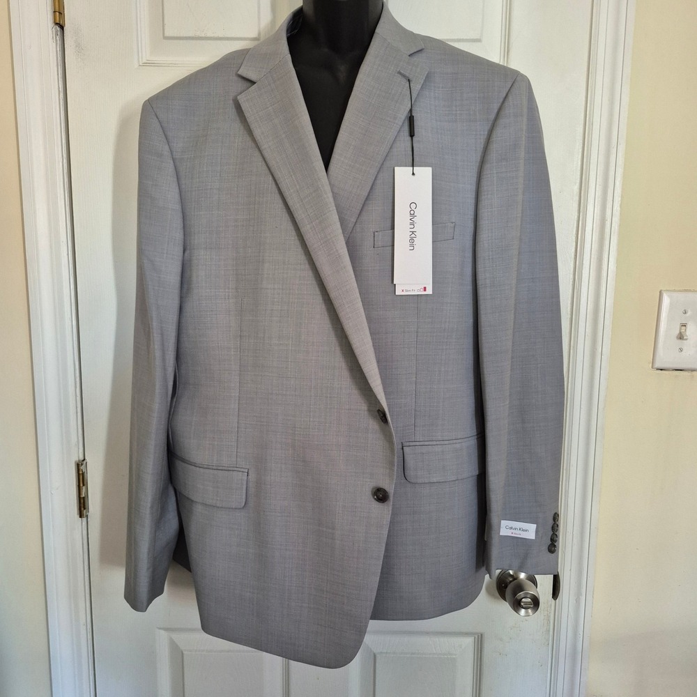 Calvin Klein X Slim Fit Light Gray Wool Sharkskin Blazer Sport Coat 58R NEW